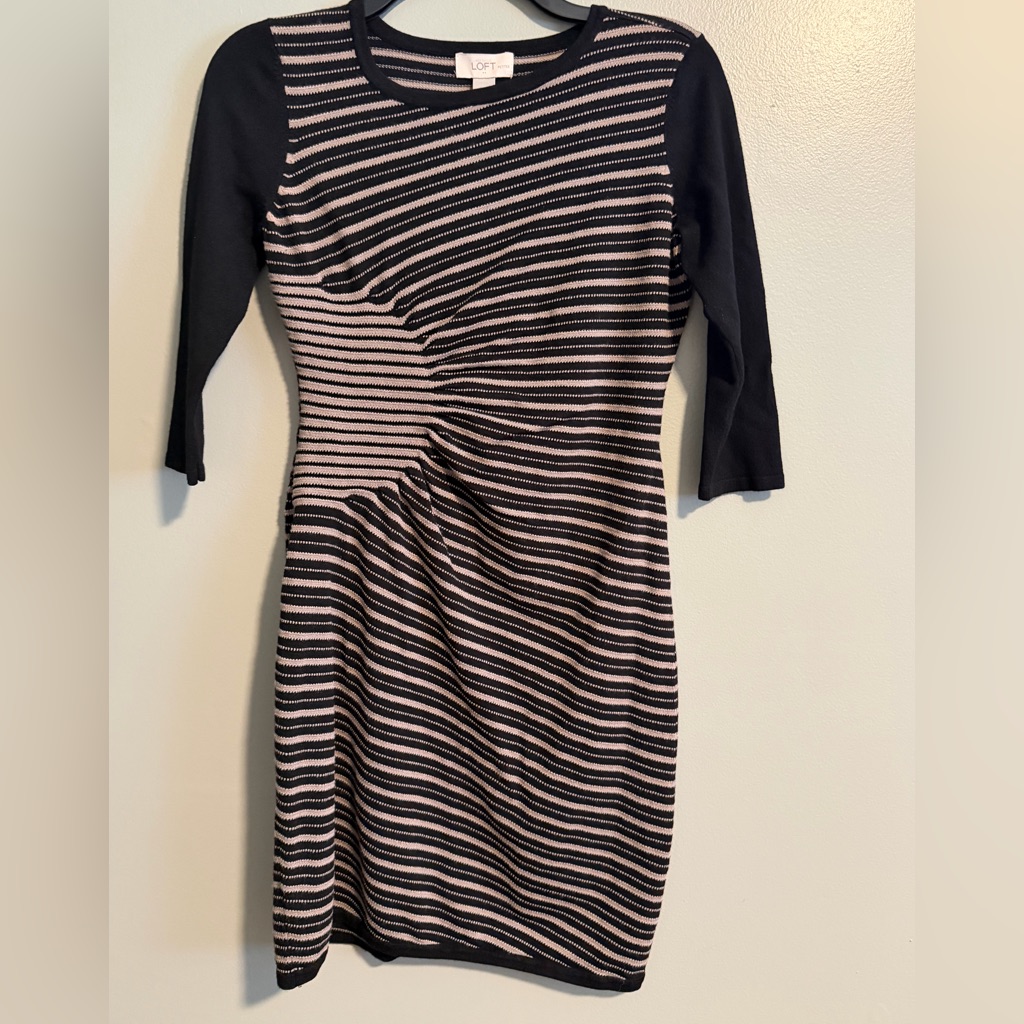 Loft Black Taupe Asymmetrical Cinch Ruched Fine Sweater Knit Dress 3/4 Sleeve Sp